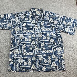 Go Barefoot Blue Hawaiian Shirt Mens Large 100% Cotton Made in USA Island Print